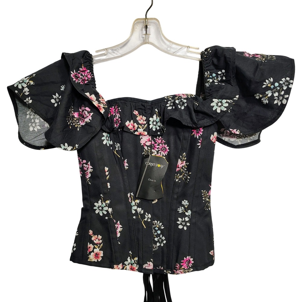 Corset Story Over Bust Floral Boned Corset Top‎ Ruffle Bardot Sleeve UK8 US4 NWT